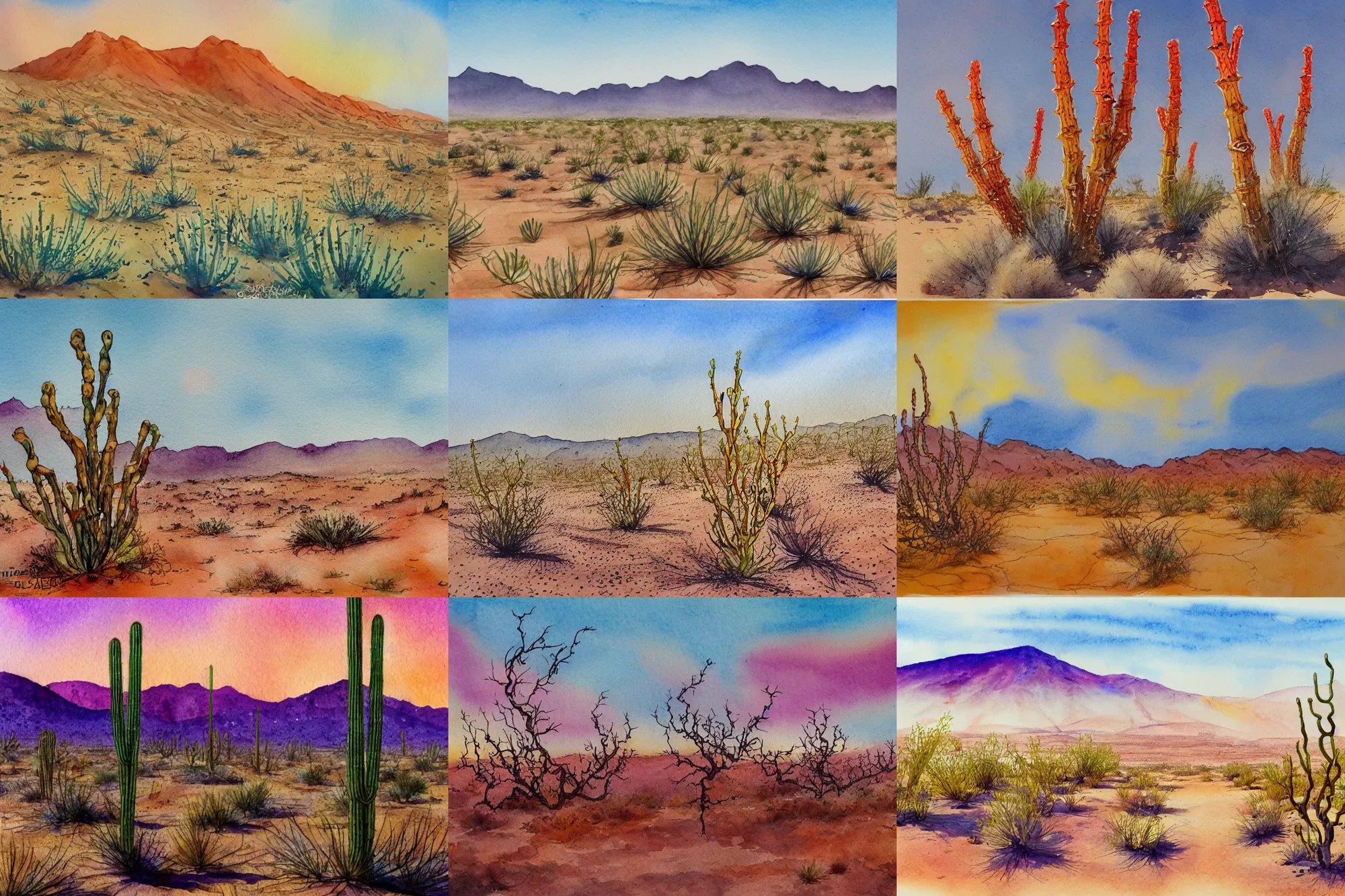 Prompt: ocotillo desert, high quality watercolors, award winning, trending on artstation