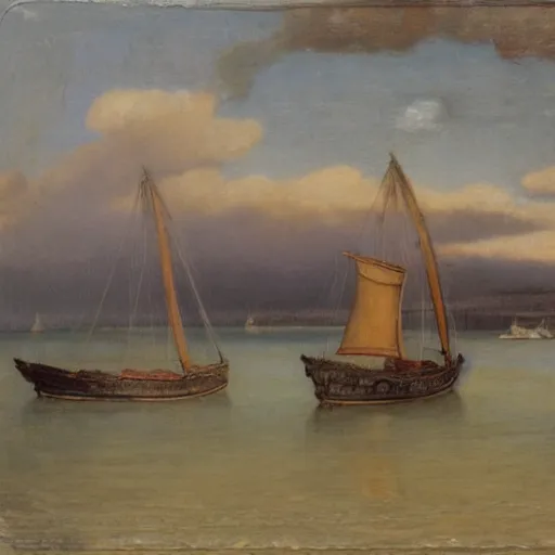 Prompt: pre - raphaelite boats in the waving sea