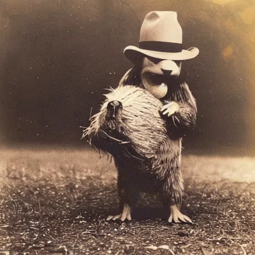 Image similar to photograph of a beaver dressed as a cowboy