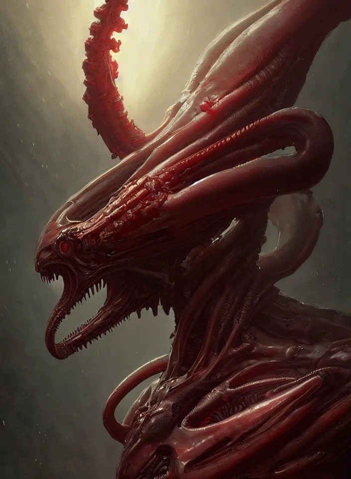 Image similar to a body portrait of a creature invoking fear, art by greg rutkowski, squid alien xenomorph, scifi horror setting, dark lighting, matte painting, trending on artstation, very detailed