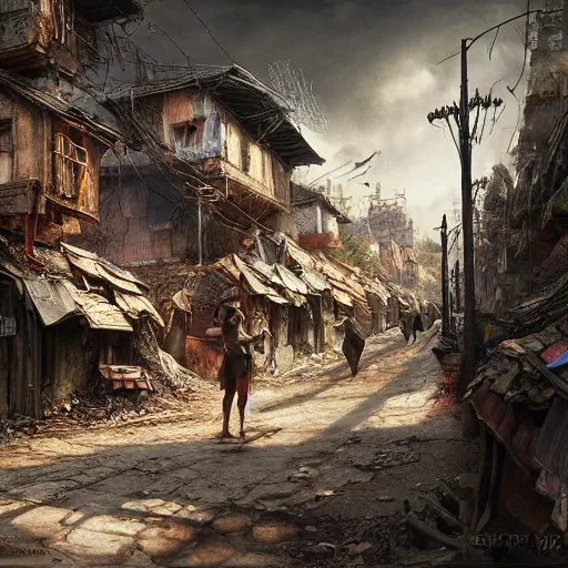 Image similar to slum neighborhood in lord of the ring world, fantasy, on artgerm, ilya yefimovich repin style, hyperrealistic content, high definition content, intricate, delete duplicate content, justify content center, left align, right align, ultra detailed content, ultra realistic human + environment + animal content, 5 dark tone colors