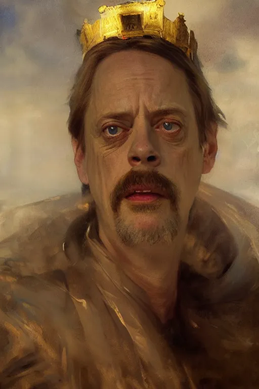 Image similar to beautiful detailed expressive impressionistic oil painting portrait of ancient roman god emperor steve buscemi ascending on high wearing the civic crown, renaissance painting, dark background, art by anders zorn, wonderful masterpiece by greg rutkowski, expressive brush strokes, beautiful cinematic light, american romanticism by greg manchess, jessica rossier