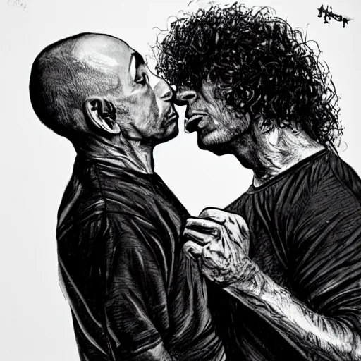 Image similar to Joe Rogan and Howard Stern kissing, intricate, highly detailed, concept art, smooth, sharp focus, illustration, medium shot, mid-shot
