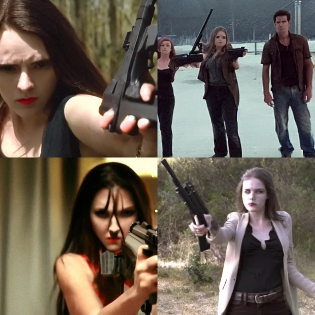 Prompt: Still from Vampires Holding Guns Movie, low quality, heavily downvoted, low budget