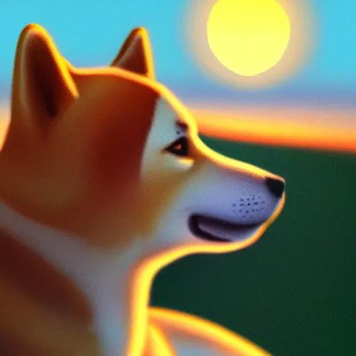 Image similar to The profile of a Shiba Inu shining golden in the setting sun, illustration, trending on artstation, photoreallrstic