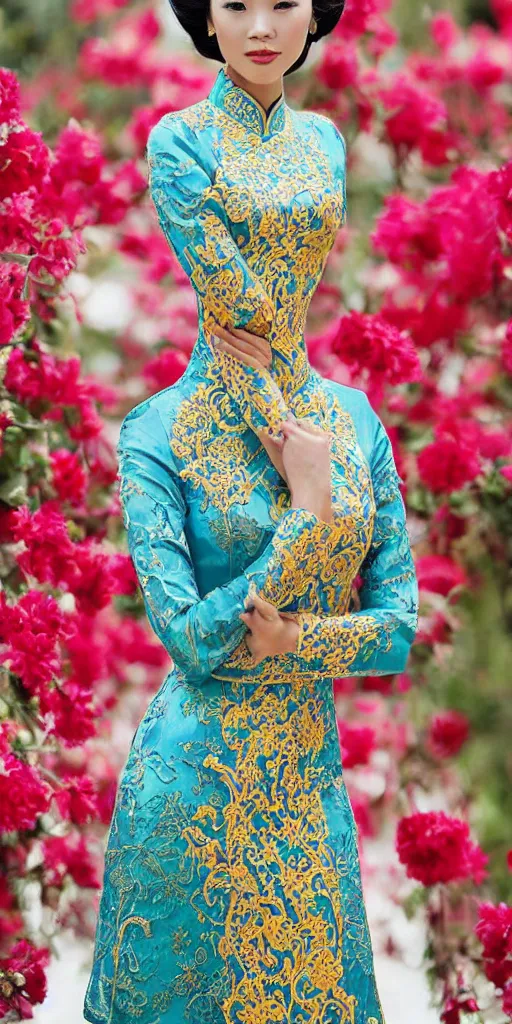 Prompt: beautiful vietnamese woman wearing vietnamese ao dai, intricate, detailed, symmetric face