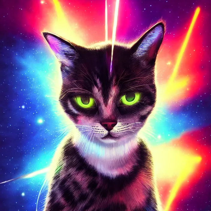 Image similar to cinematic portrait of a cute cat in space, neon lasers, chalk, masterpiece, trending on artstation, featured on pixiv, cinematic composition, dramatic pose, beautiful lighting, sharp details, hyper - detailed, hd, hdr, 4 k, 8 k, art by basil gogos