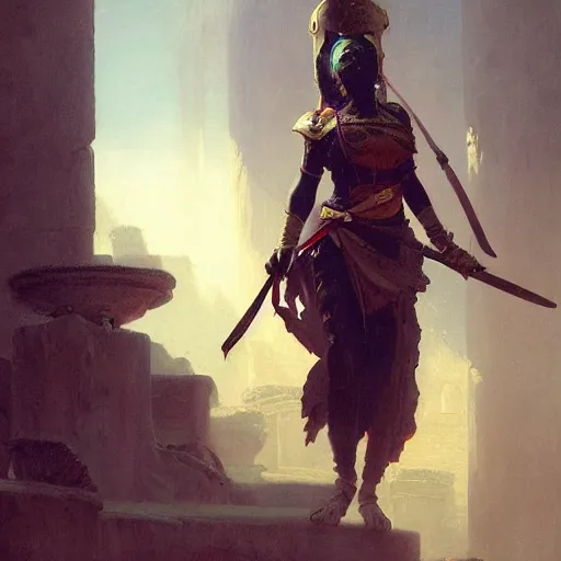 Image similar to a beautiful painting of a female warrior raiding an evil cult temple by jean - leon gerome and greg rutkowski, trending on artstation