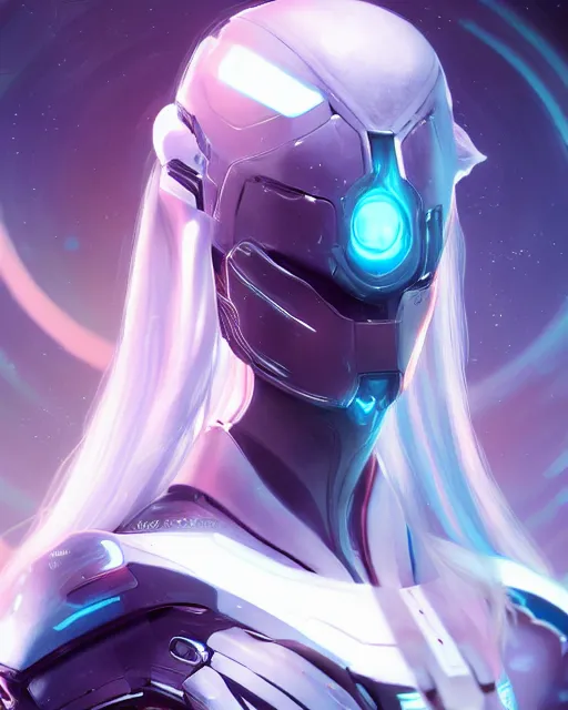 Image similar to perfect android girl on a mothership, warframe armor, beautiful face, scifi, futuristic, galaxy, nebula, raytracing, dreamy, long white hair, blue cyborg eyes, sharp focus, cinematic lighting, highly detailed, artstation, divine, by gauthier leblanc, kazuya takahashi, huifeng huang