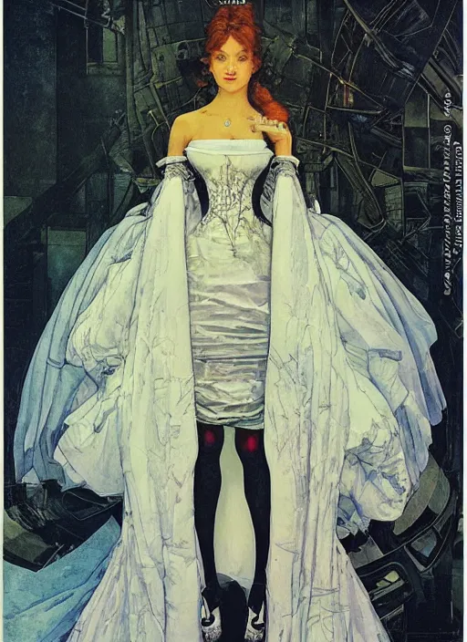 Prompt: a low angle copic maker art nouveau dystopian portrait of russian beautiful girl detailed features wearing a latex wedding dress with a puffy skirt designed by balenciaga by john berkey, norman rockwell akihiko yoshida