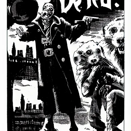 Image similar to A ferret. Dark Fantasy, Film Noir, Black and White. High Contrast, Mike Mignola, D&D, OSR.