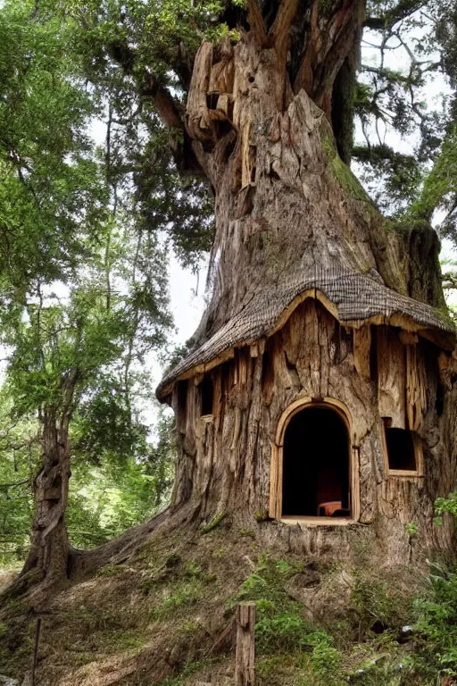 Prompt: a house carved in an ancient tree