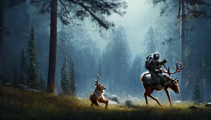 Prompt: american astronaut in the forest riding a reindeer, plants environment, wide angle, cinematic lighting, atmospheric, ultrarealistic, trending on artstation, cgsociety, highly detailed, color graded, in the style of craig mullins, rendered in Unreal Engine 4k HQ