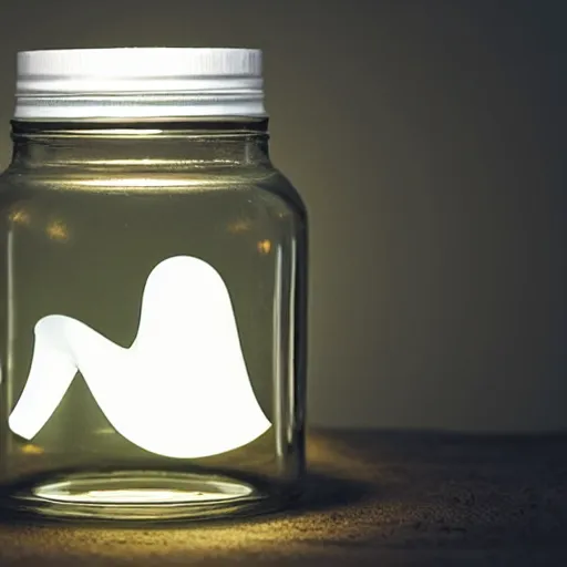 Prompt: a glowing ghost contained in a jar, realistic illumination