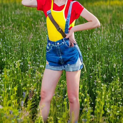 Image similar to misty from pokemon, wearing a yellow crop top and blue denim shorts with red suspenders on top, standing in a field, by gottfried helnwein, dslr full body portrait, sigma 8 5 mm f / 1. 8