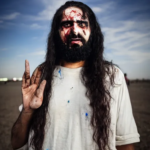 Prompt: middle eastern zombie man in the sky with long hair, canon eos r 3, f / 1. 4, iso 2 0 0, 1 / 1 6 0 s, 8 k, raw, unedited, symmetrical balance, wide angle