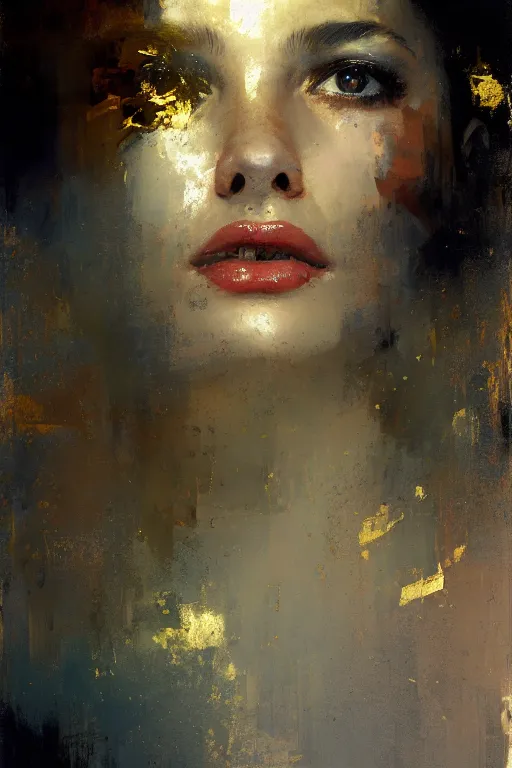 Image similar to portrait of goddess of love hovering, her body obscured by silver clouds, her eyes flaming with gold, her hair flowing and her face stern, by Jeremy Mann, stylized, detailed, loose brush strokes, warm tones, realizing, beautiful face