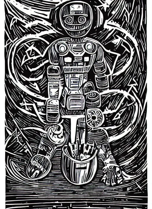 Image similar to !dream warrior robots by Julie de Graag, linocut print