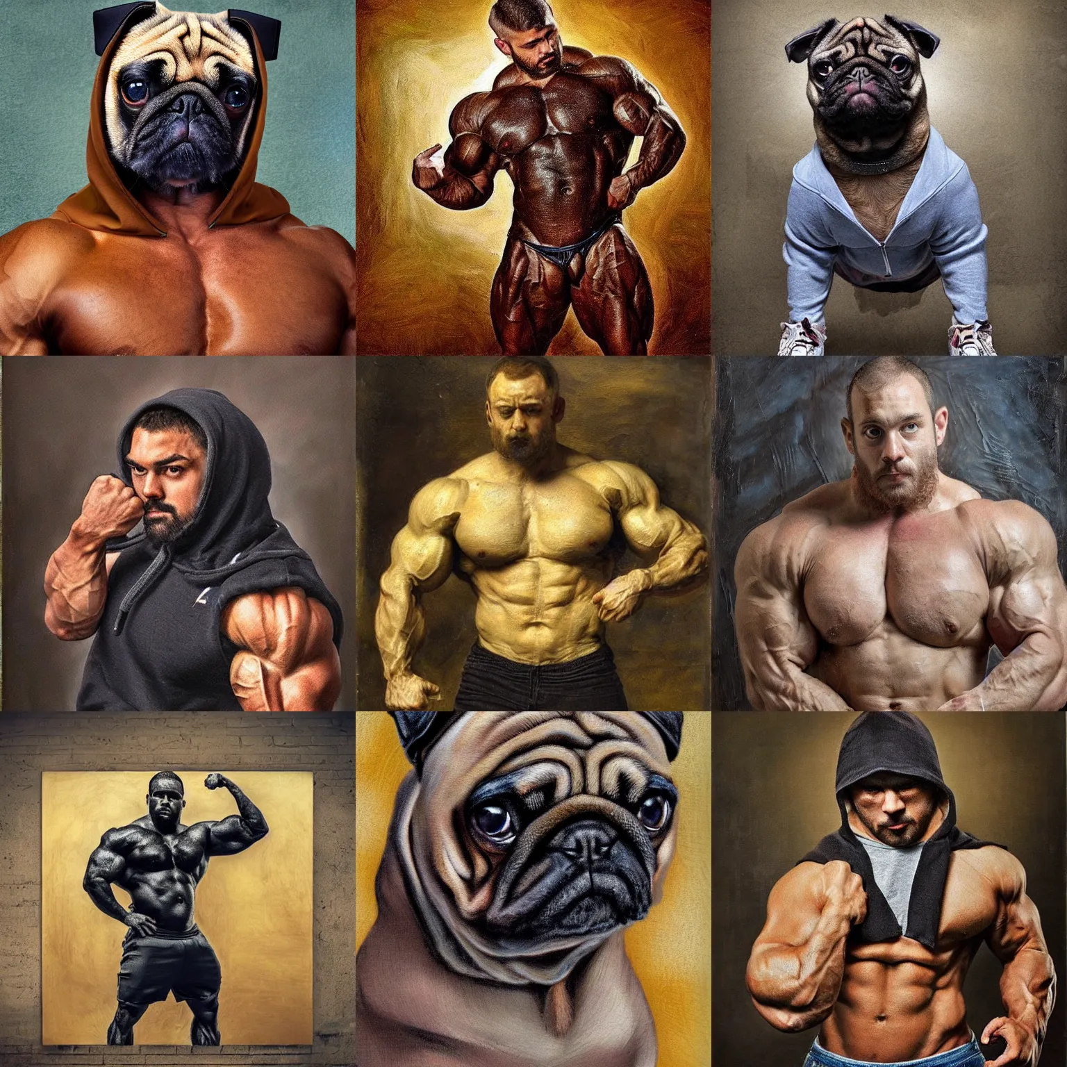 Prompt: muscular pug is a bodybuilder is wearing a hoodie , heavy texture natural rembrandt oil painting , aggressive pose