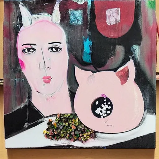 Image similar to “ a portrait in a female art student ’ s apartment, sensual, a pig theme, dreamy, art supplies, paint tubes, ikebana, herbs, a candle dripping white wax, black walls, squashed berries, berry juice drips, acrylic and spray paint and oilstick on canvas, surrealism, neoexpressionism ”