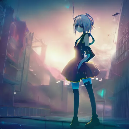 Image similar to vocaloid in abandoned city, dark, despair, loneliness