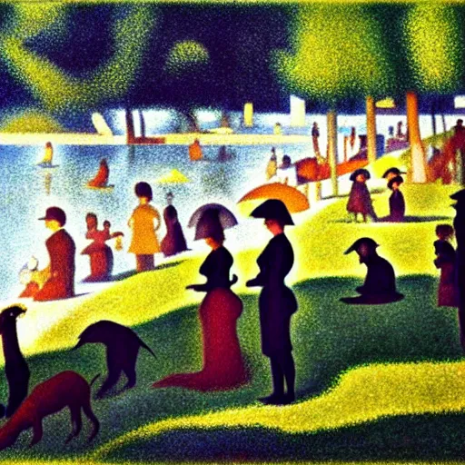 Prompt: summer, zoo, victorian, lake, group, people, beautiful, Georges Seurat