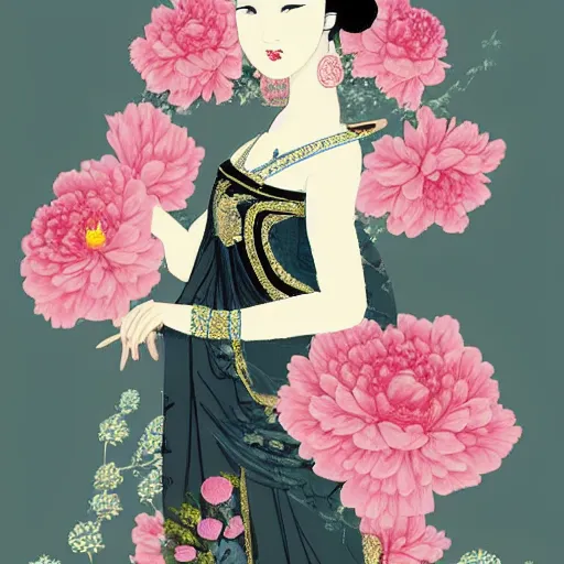 Prompt: a beautiful princess in Chinese tang Dynasty style with peony, muted tones, fashion illustration, by wataboku