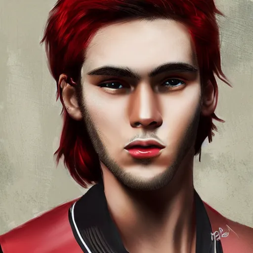 Prompt: professional digital art of a fashionable young man with long red hair and a black sweatband, high quality, highly detailed, HD, 8K