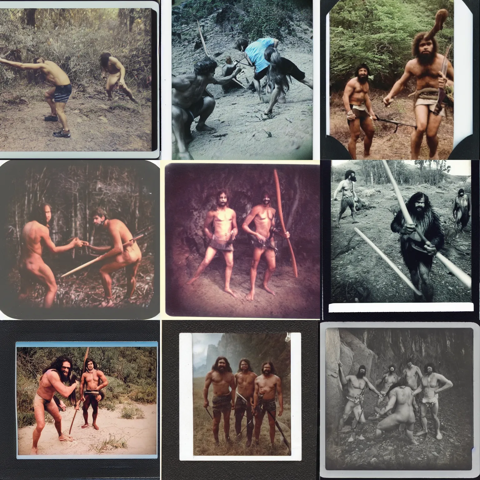 Prompt: polaroid photo shot of cavemen hunting