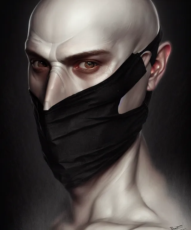 Prompt: white young man with black fabric mask, highly detailed face!!!, true anatomy!, extremely detailed!, digital painting, unreal engine 5, art by tom bagshaw