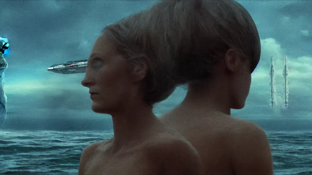 Image similar to photo of Polly Gray coming out of the ocean, extreme detailed face, spaceship far on the background, film still from the movie directed by Denis Villeneuve with art direction by Zdzisław Beksiński, wide lens