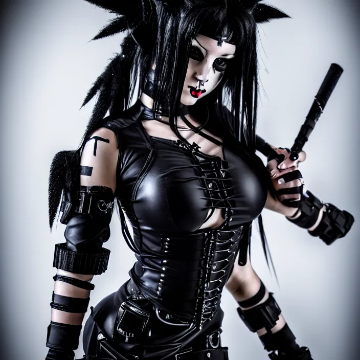 Image similar to full length photo of a real - life beautiful cybergoth warrior, 8 k, hdr, smooth, sharp focus, high resolution, award - winning photo