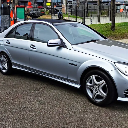 Prompt: grey mercedes - benz c - class ( w 2 0 4 ) with a green wizard hat on top