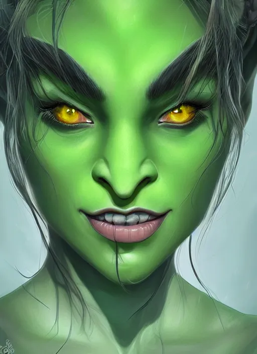 Image similar to green orc female, light green tone beautiful face, by artgerm, digital painting