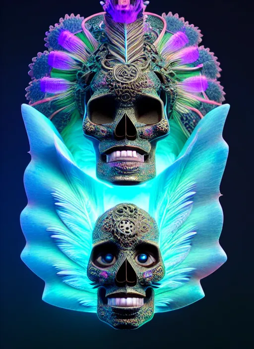 Image similar to 3 d goddess profile portrait, sigma 5 0 0 mm f / 5. beautiful intricate highly detailed quetzalcoatl skull and feathers. bioluminescent, plasma, lava, ice, water, wind, creature, thunderstorm! artwork by tooth wu and wlop and beeple and greg rutkowski, 8 k trending on artstation,