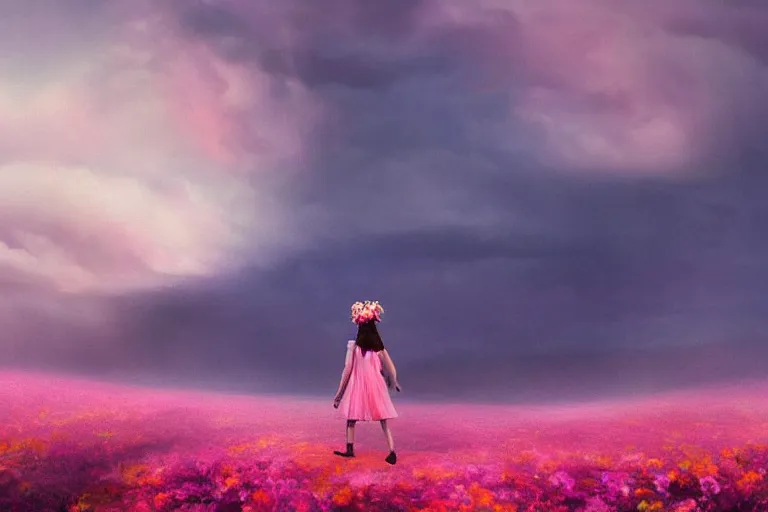 Image similar to giant dahlia flower crown under head, girl walking on mountain, surreal photography, pink storm clouds, dramatic light, impressionist painting, digital painting, artstation, simon stalenhag