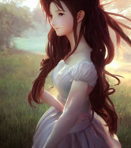 Image similar to aerith gainsborough in a cottagecore dress, portrait, illustration, rim light, top light, perfectly shaded, spring time, slight overcast lighting, soft painting, art by krenz cushart and wenjun lin