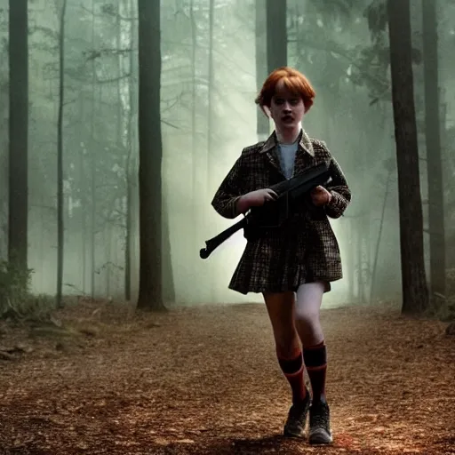 Image similar to Sadie Sink (Maxine Mayfield) for Stranger Things holding a gun and running in a forest, dramatic lighting, cinematic, establishing shot, extremely high detail, photo realistic, cinematic lighting