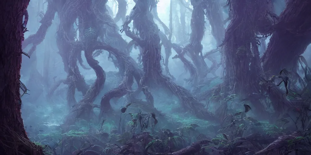 Prompt: monster - trees made from snakes in futuristic spiritual mystical post apocalyptic forest by, dim painterly volumetric aquatic lighting, beautiful, crisp, artstation, highly detailed
