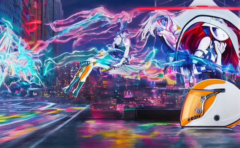 Image similar to billboard advertisement with an extremely beautiful photo of a white marble statue of an anime girl with colorful motocross logos and motorcycle helmet with closed visor, colorful smoke in the background, carved marble statue, fine art, neon genesis evangelion, virgil abloh, offwhite, denoise, highly detailed, 8 k, hyperreal