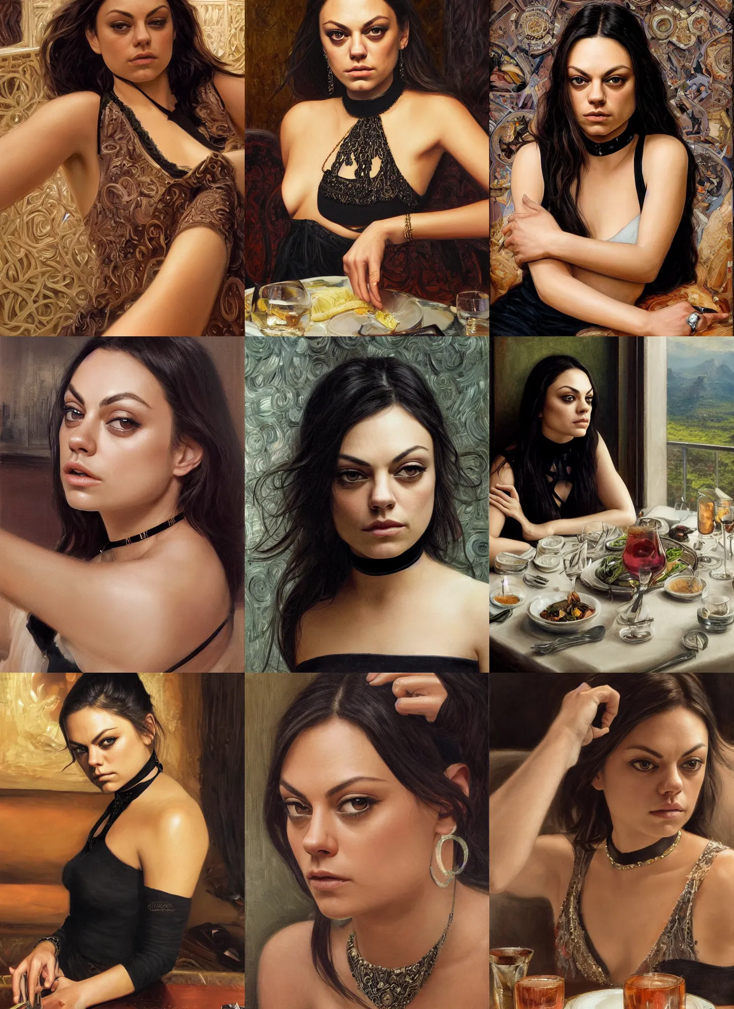 Prompt: mila kunis sitting across the camera wearing a black choker staring into the camera in an expensive restaurant, point of view, intricate, elegant, tasteful, highly detailed, shallow depth of field, artgerm, donato giancola, joseph christian leyendecker