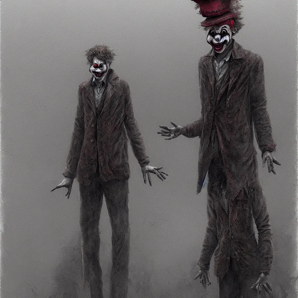 Image similar to James Sunderland from Silent Hill 2 dressed as a clown standing in a foggy street, intricate, elegant, sharp focus, illustration, highly detailed, digital painting, concept art, matte, art by Masahiro Ito