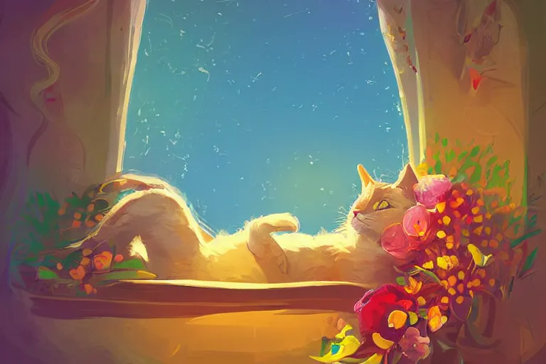 Image similar to a digital art of a cat sleeping in the room with flowers around in the afternoon, the sun shines in, animal, light effect, highly detailed, by anton fadeev