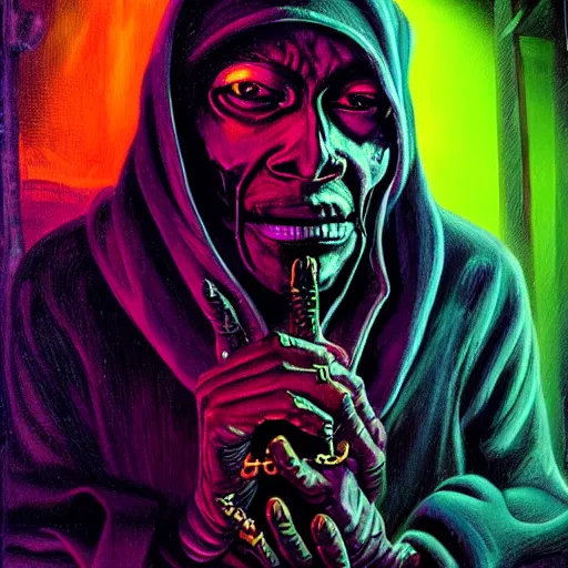 Image similar to a death tarot featuring a haitian voodoo priest with menacing eyes, blacklight neon colors, by anton semenov and android jones in cyberpunk voodoo style, oil on canvas, 8k