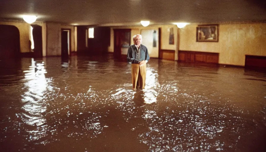 Image similar to 7 0 s movie still of an old manstanding in a soviet stalinist style ballroom flooded in mud, cinestill 8 0 0 t 3 5 mm eastmancolor, heavy grain, high quality, high detail
