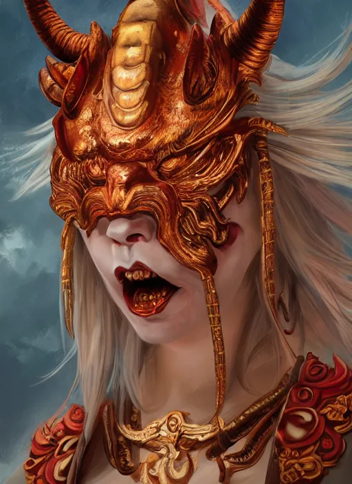 Prompt: a beautiful detailed oil on copper art illustration of a oni hannya mask shogun dragon devil woman, centered, by charlie bowater, zeng fanzh, trending on artstation, dim dusk lighting, cinematic lighting, detailed lighting, volumetric lighting, realistic, f 8, 4 k hd wallpaper