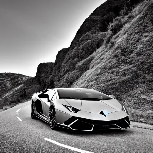 Prompt: a Lamborghini driving up a very steep cliff photographed in black and white