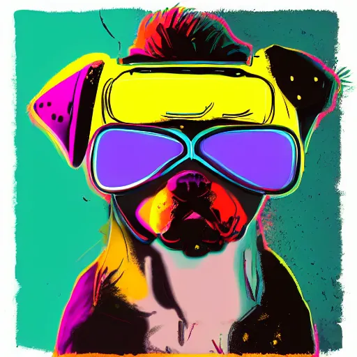 Prompt: illustration of cyberpunk puppy in vr helmet, colorful splatters, by andy warhol and by zac retz and by kezie demessance