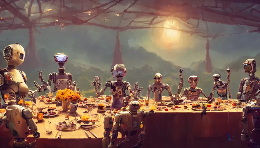 Image similar to a table dinner of robots where robots are dressed like the characters from the midsommar movie, realistic detailed digital art by maxwell boas jessica rossier christian dimitrov anton fadeev trending on artstation cgsociety rendered in unreal engine 4 k hq