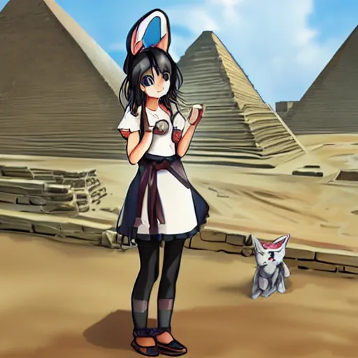 Prompt: anime archaeologist catgirl wearing a maid outfit exploring the eqyptian tombs inside the pyramids